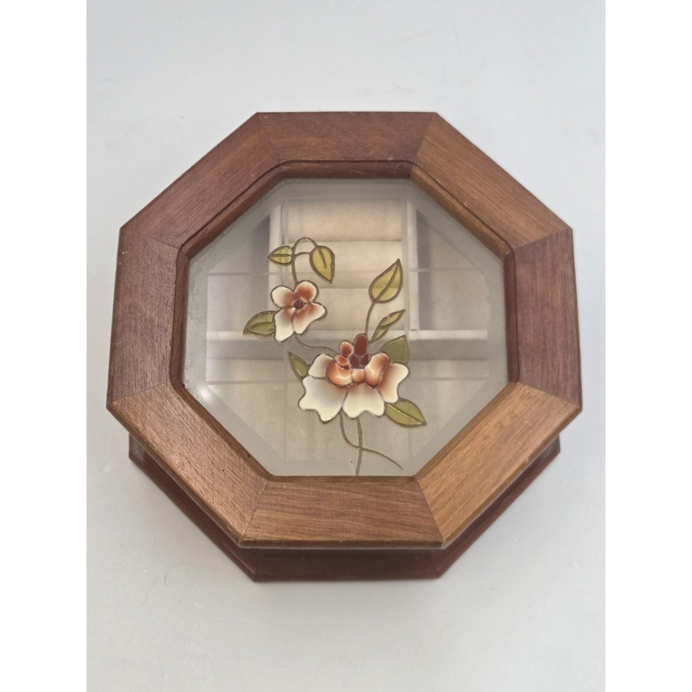 Vintage Wooden Jewelry Box With Flowers On Glass 6.5 in  Octagon Lid.